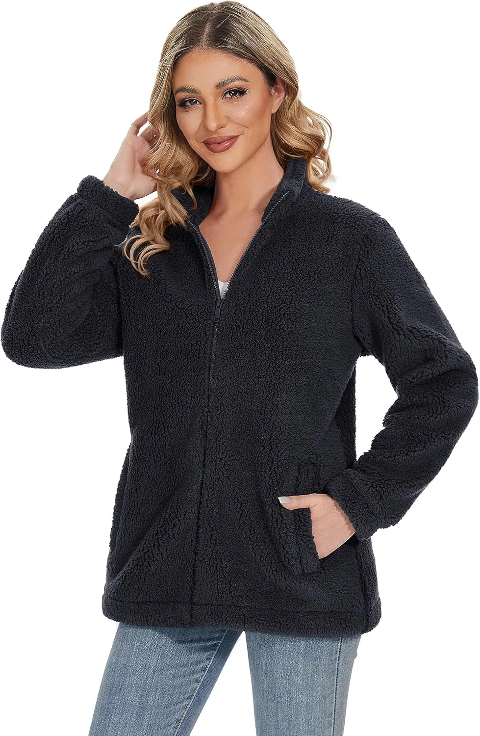 MAGCOMSEN Women Sherpa Jacket Full Zip Fuzzy Teddy Coat with Pockets Fleece Lined Warm Winter Casual Outfits