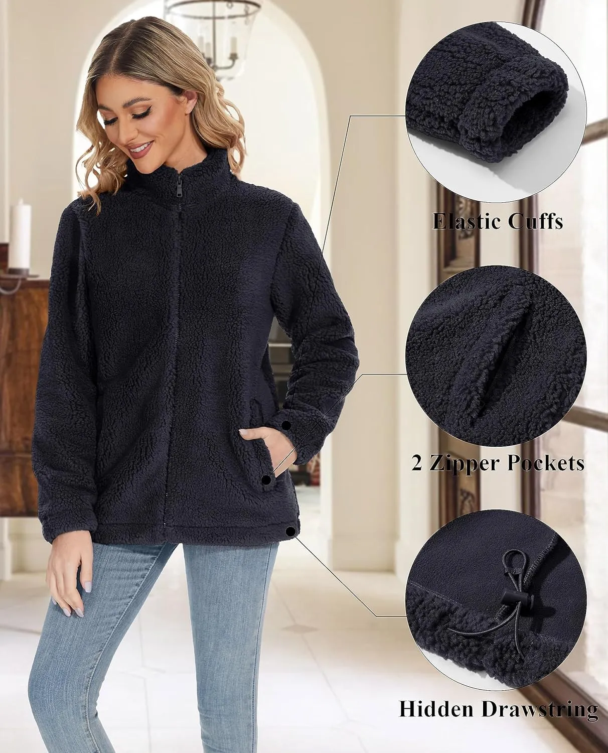 MAGCOMSEN Women Sherpa Jacket Full Zip Fuzzy Teddy Coat with Pockets Fleece Lined Warm Winter Casual Outfits