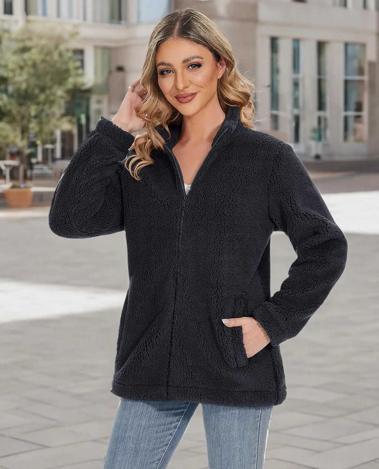 MAGCOMSEN Women Sherpa Jacket Full Zip Fuzzy Teddy Coat with Pockets Fleece Lined Warm Winter Casual Outfits