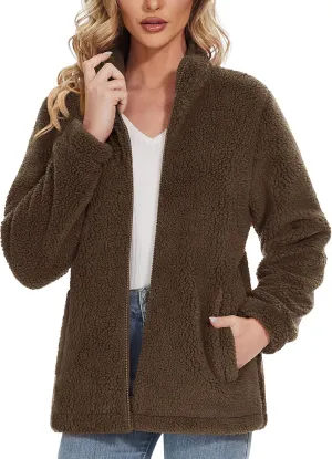 MAGCOMSEN Women Sherpa Jacket Full Zip Fuzzy Teddy Coat with Pockets Fleece Lined Warm Winter Casual Outfits