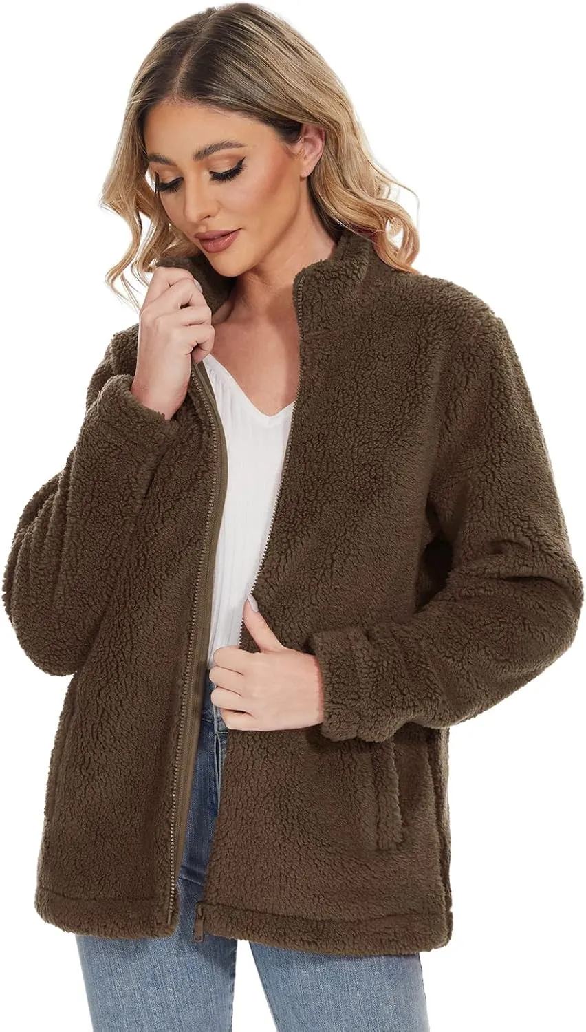 MAGCOMSEN Women Sherpa Jacket Full Zip Fuzzy Teddy Coat with Pockets Fleece Lined Warm Winter Casual Outfits