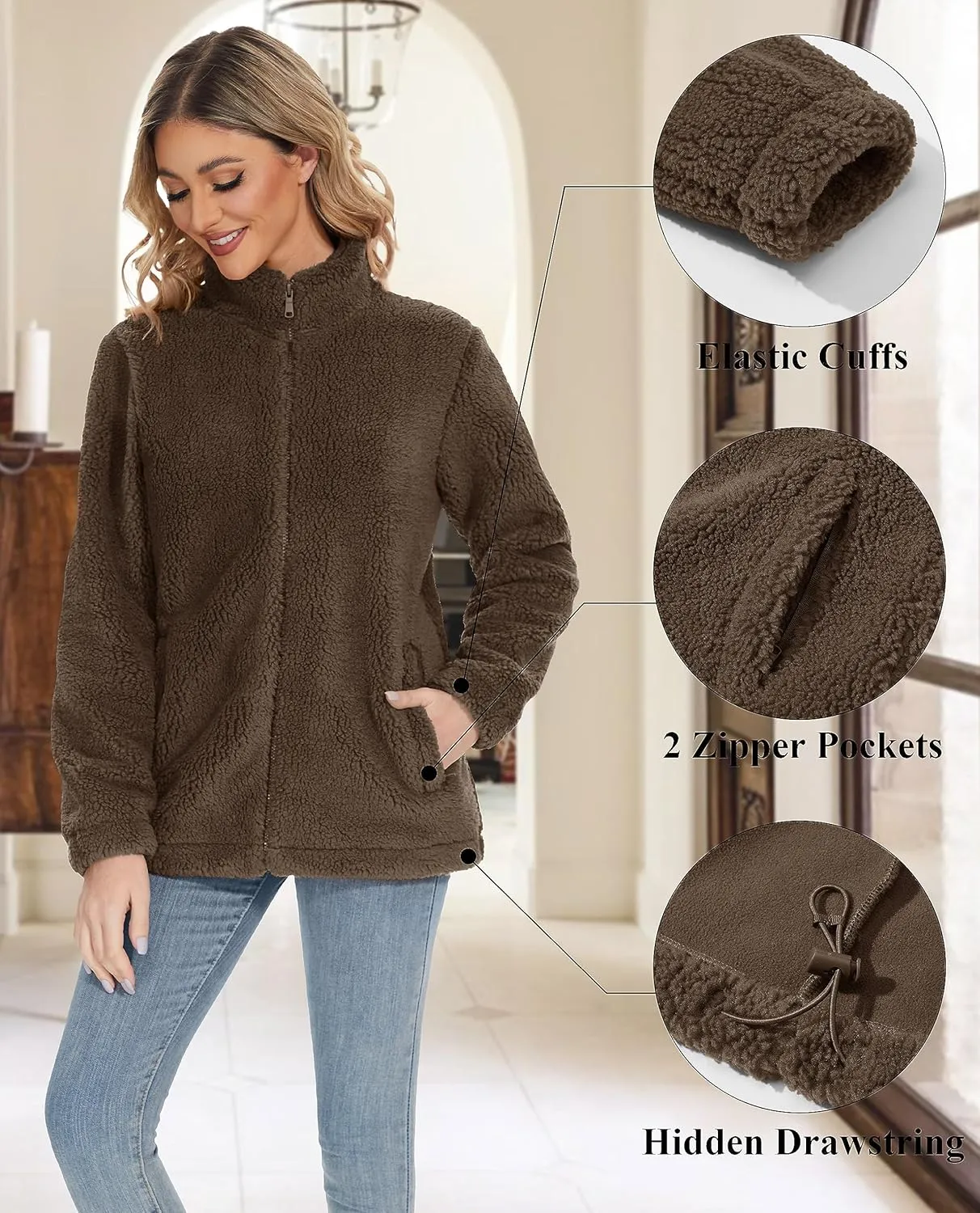 MAGCOMSEN Women Sherpa Jacket Full Zip Fuzzy Teddy Coat with Pockets Fleece Lined Warm Winter Casual Outfits
