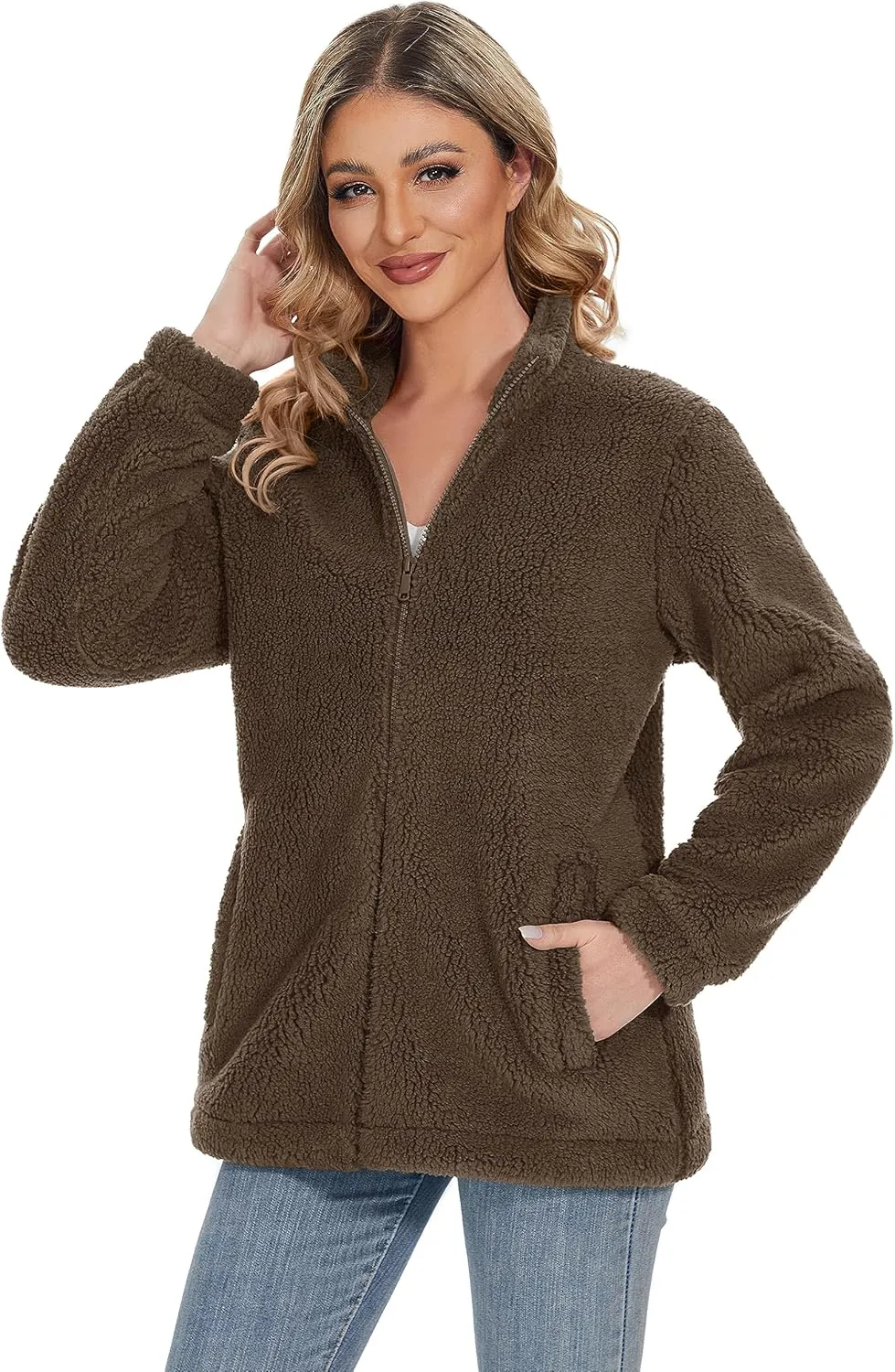 MAGCOMSEN Women Sherpa Jacket Full Zip Fuzzy Teddy Coat with Pockets Fleece Lined Warm Winter Casual Outfits