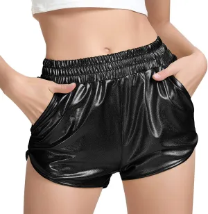 MAKARTHY Women's Metallic Shorts Elastic Waist Shiny Sparkly Rave Pants