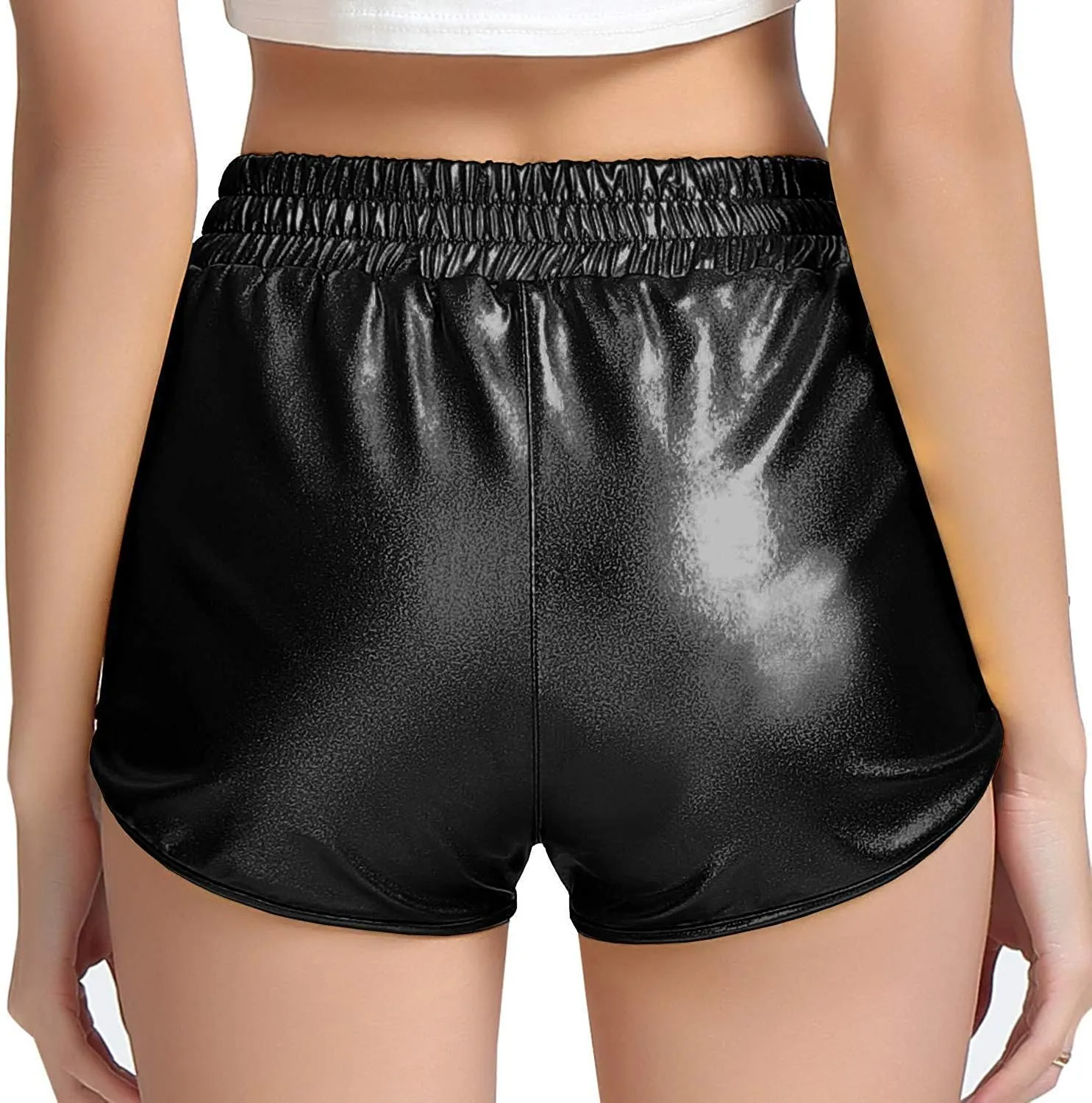 MAKARTHY Women's Metallic Shorts Elastic Waist Shiny Sparkly Rave Pants