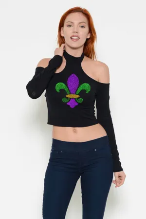 Mardi Gras cold shoulder crop top