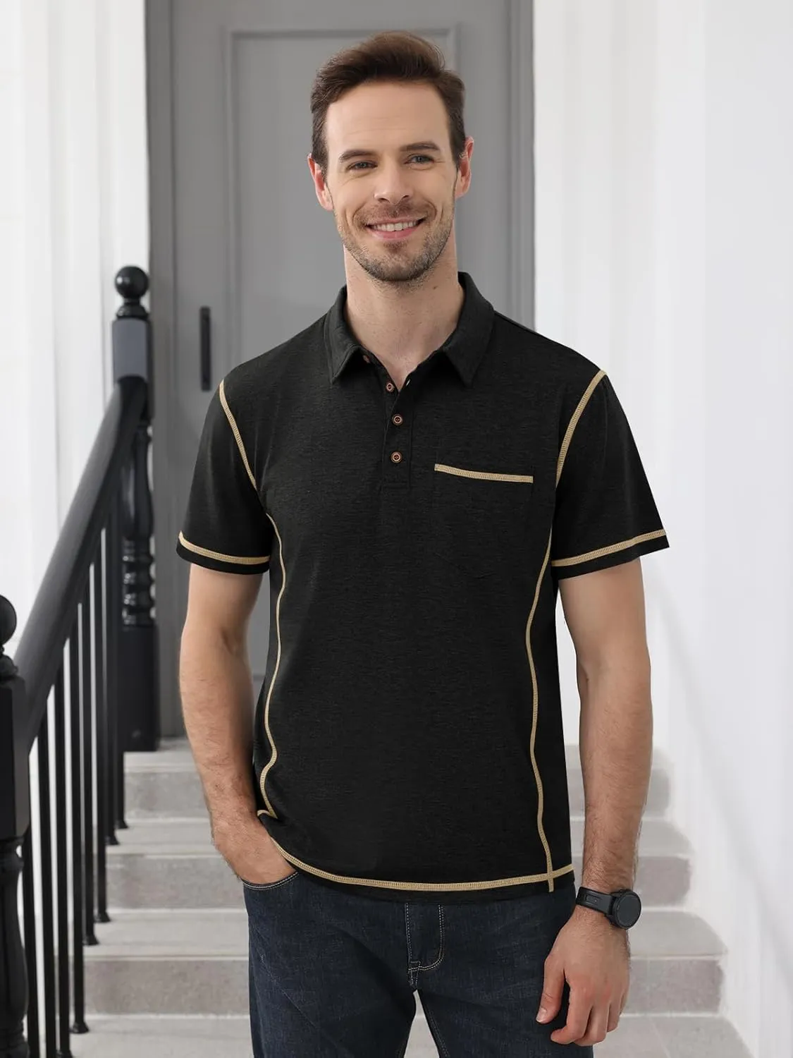 Men's Casual Polo Shirts Short Sleeve Button Classic T-Shirts Cotton Slim Fit Tees Lightweight Golf Top with Pocket