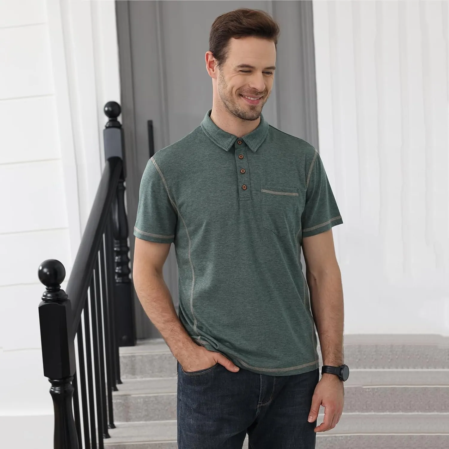 Men's Casual Polo Shirts Short Sleeve Button Classic T-Shirts Cotton Slim Fit Tees Lightweight Golf Top with Pocket