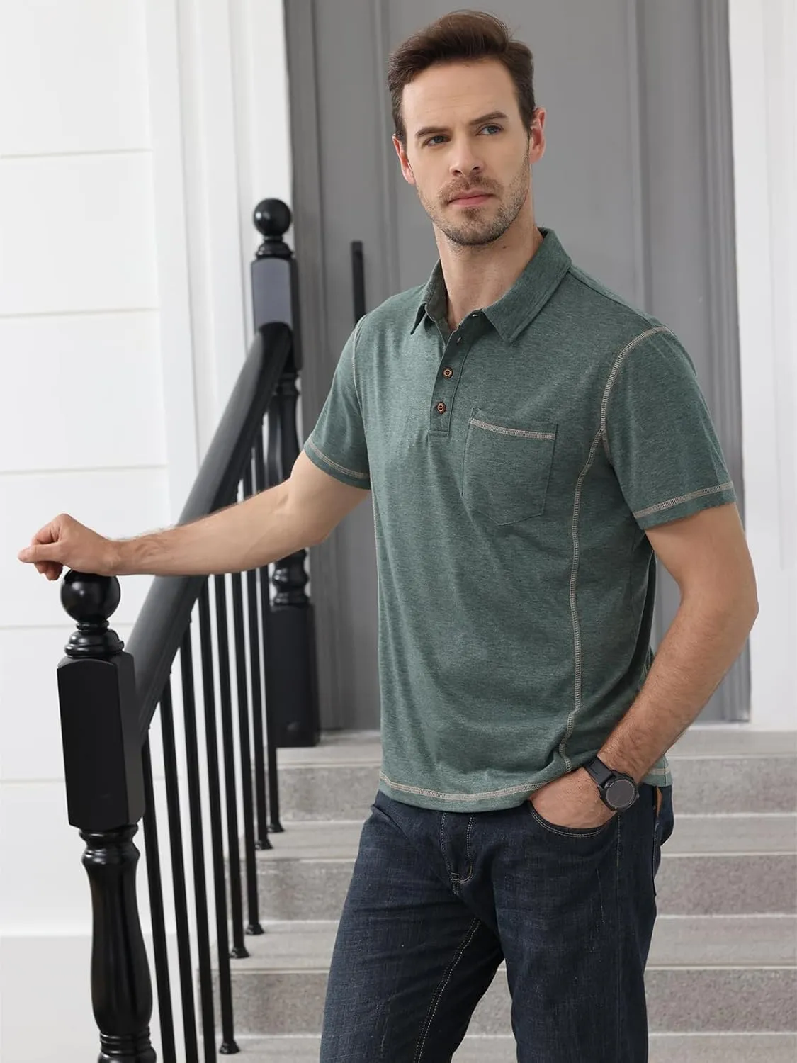 Men's Casual Polo Shirts Short Sleeve Button Classic T-Shirts Cotton Slim Fit Tees Lightweight Golf Top with Pocket