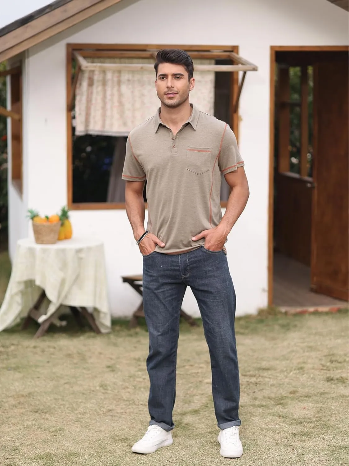 Men's Casual Polo Shirts Short Sleeve Button Classic T-Shirts Cotton Slim Fit Tees Lightweight Golf Top with Pocket