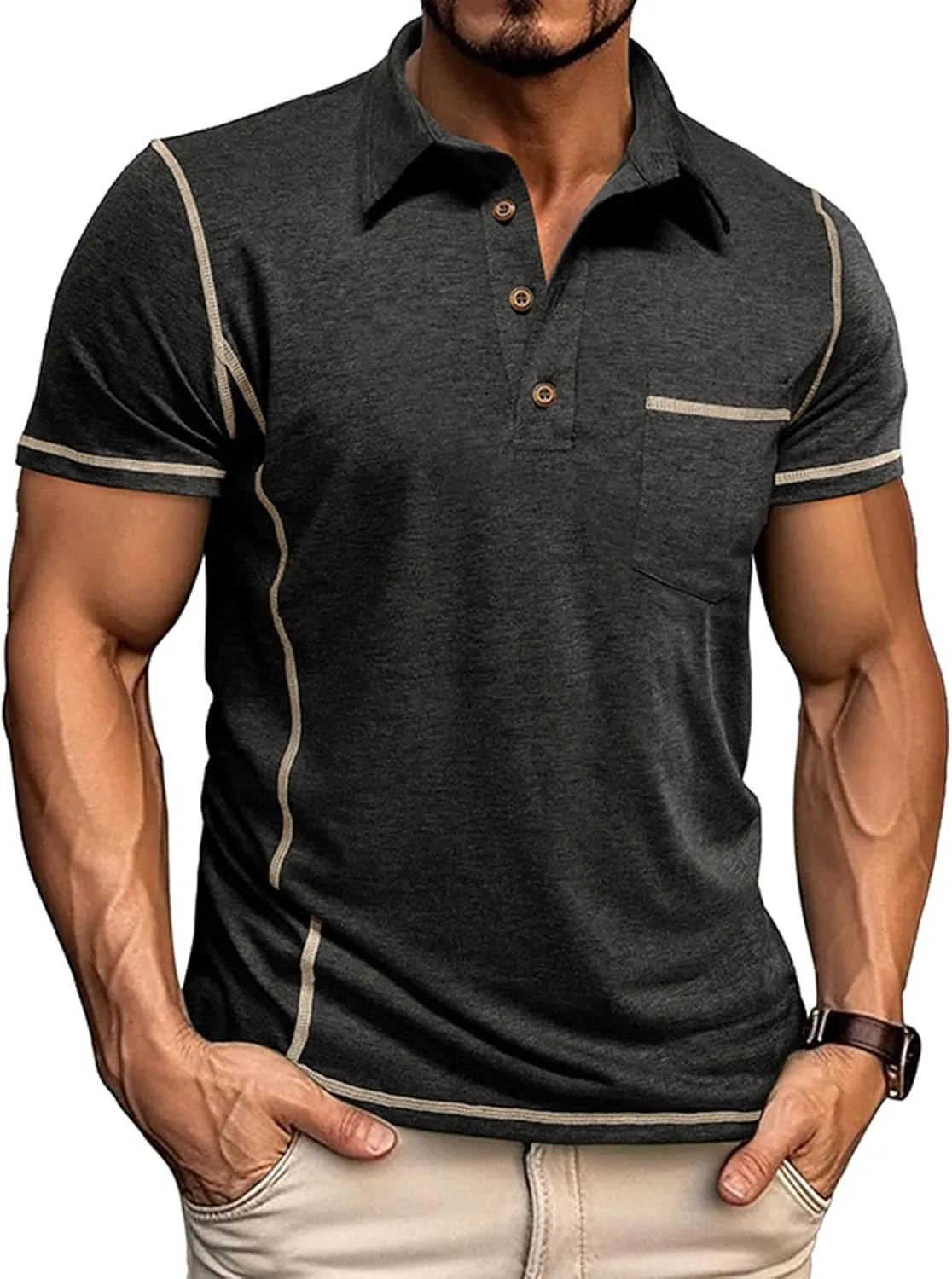 Men's Casual Polo Shirts Short Sleeve Button Classic T-Shirts Cotton Slim Fit Tees Lightweight Golf Top with Pocket
