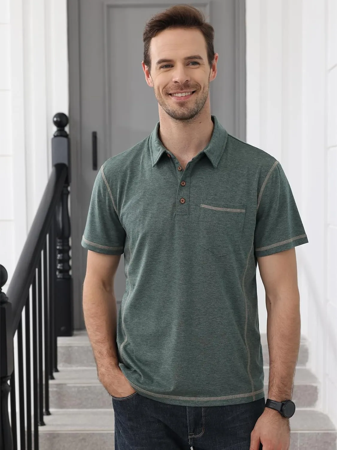 Men's Casual Polo Shirts Short Sleeve Button Classic T-Shirts Cotton Slim Fit Tees Lightweight Golf Top with Pocket