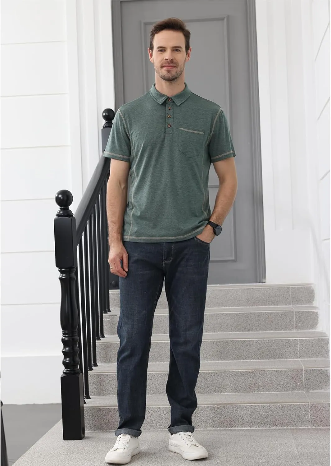 Men's Casual Polo Shirts Short Sleeve Button Classic T-Shirts Cotton Slim Fit Tees Lightweight Golf Top with Pocket