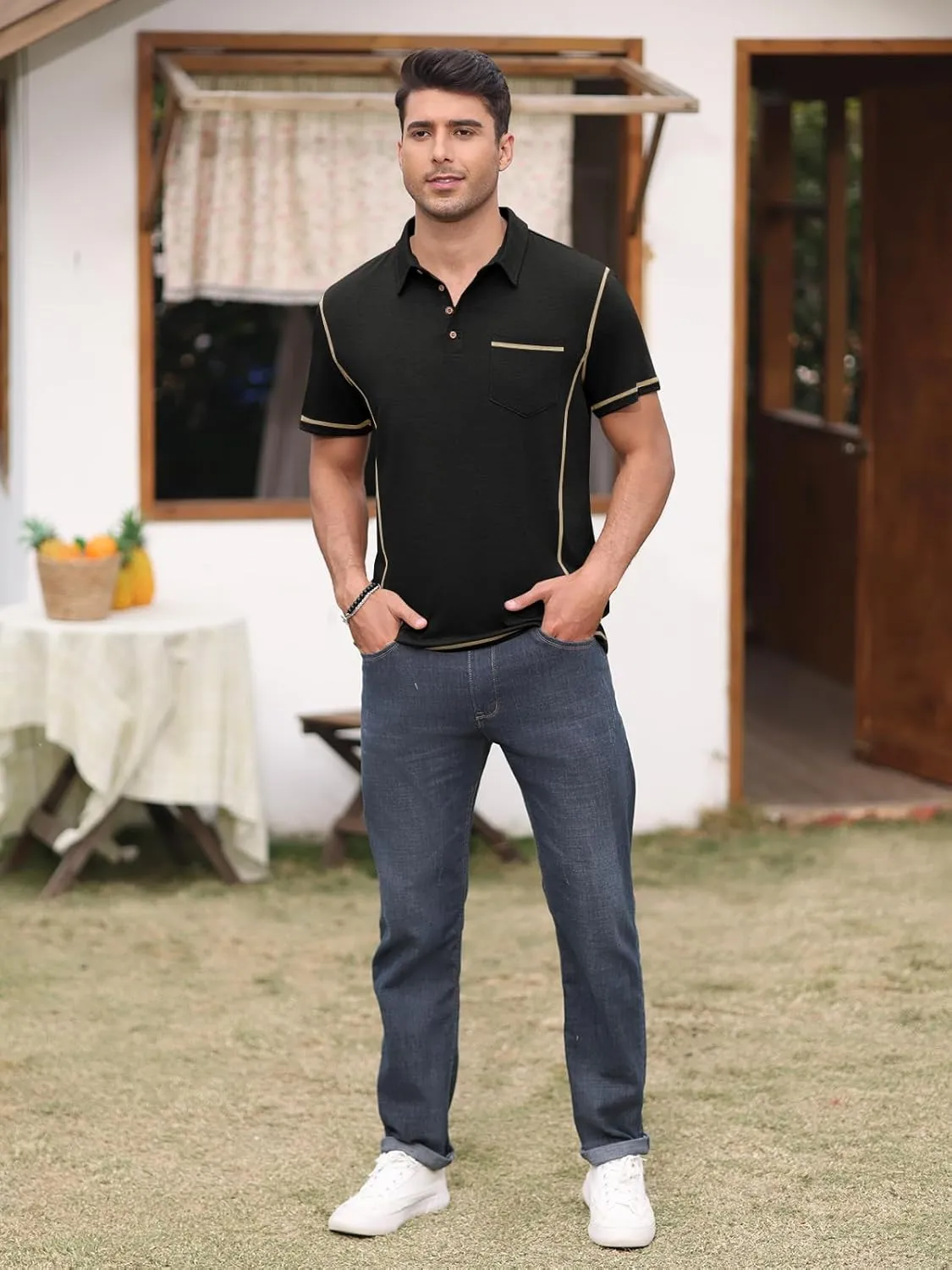 Men's Casual Polo Shirts Short Sleeve Button Classic T-Shirts Cotton Slim Fit Tees Lightweight Golf Top with Pocket