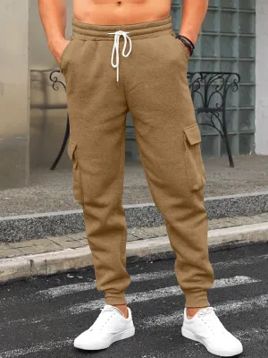 Mens Fleece Cargo Sweatpants Heavyweight Elastic Waist Pants with Pockets Baggy Drawstring Jogger Pants