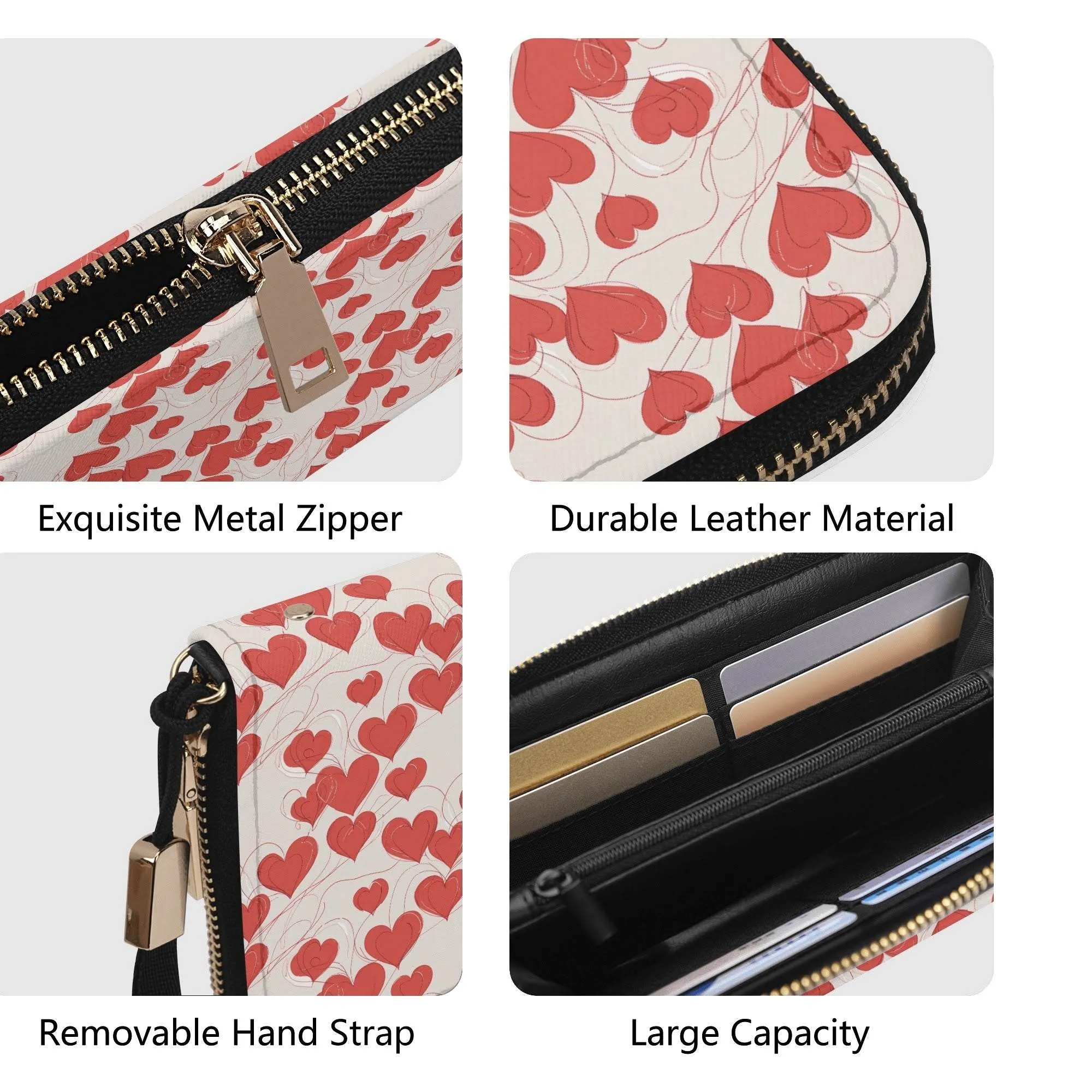 Minimal Hearts Leather Zipper Wristlet Wallet