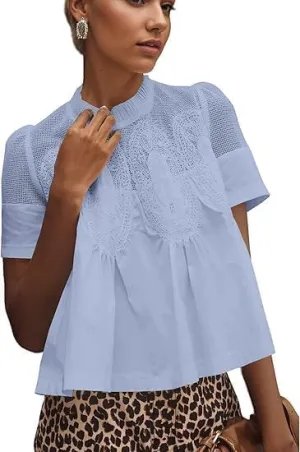MISSACTIVER Women Lace Trim Short Sleeve Blouse Swing Crew Neck Ruffle Hem Mesh Shirts Summer Loose Poplin Babydoll Tops
