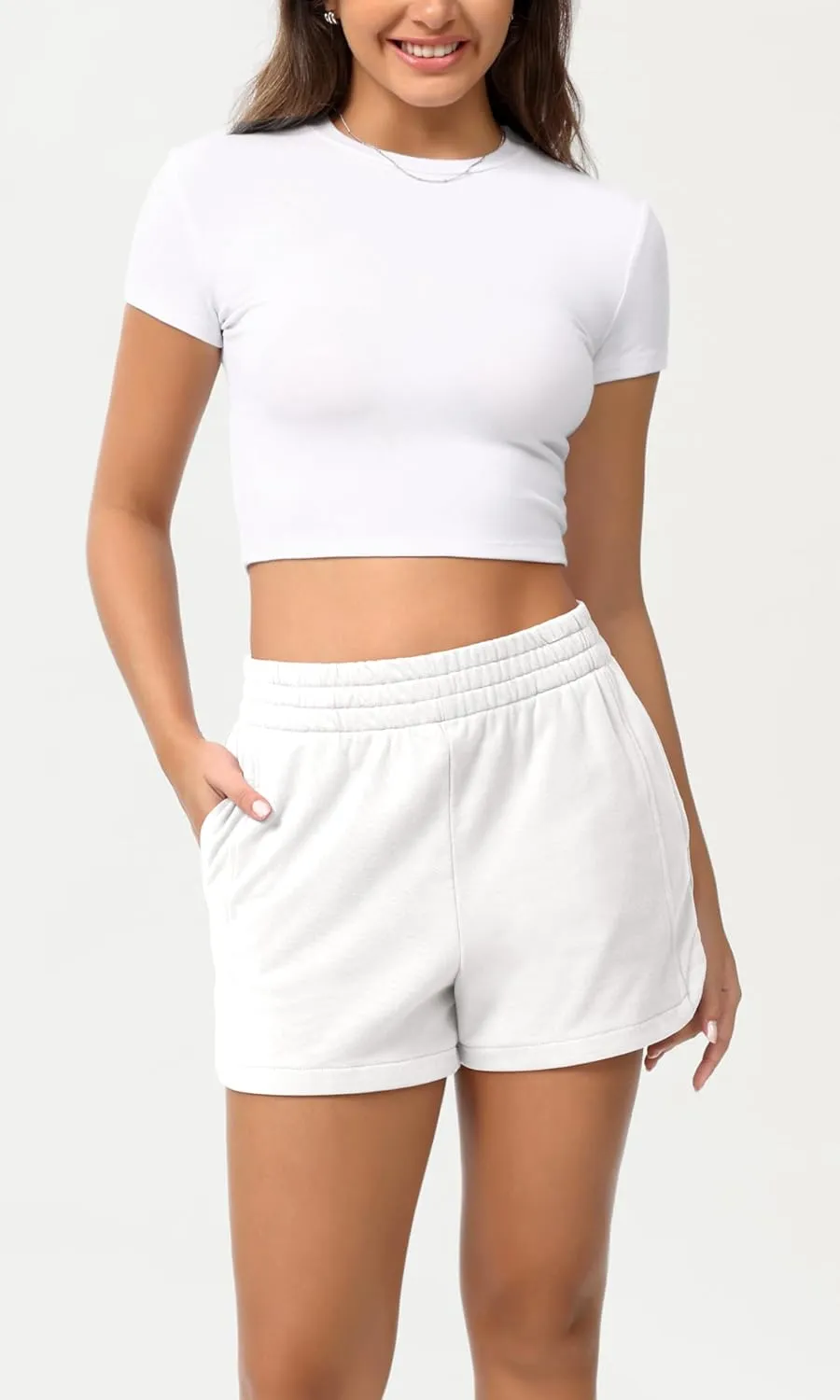 ODODOS Women's Sweat Shorts Cotton French Terry Curved Hem Workout Casual Relaxed Lounge Shorts with Pockets