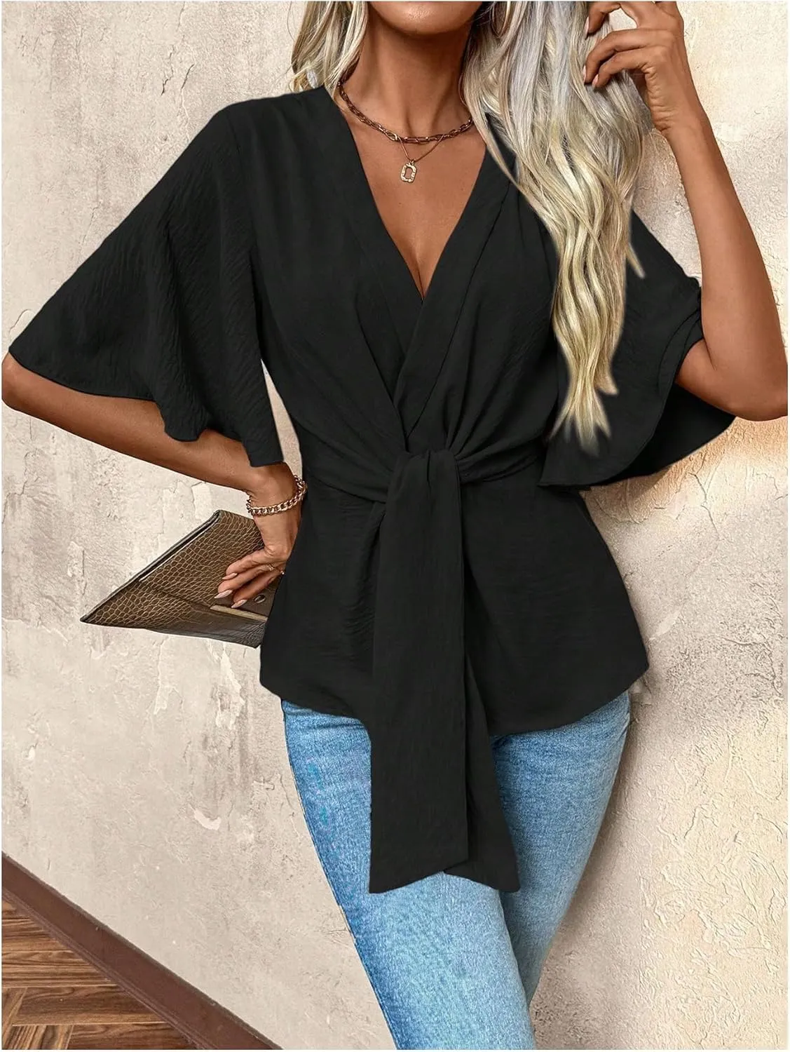OYOANGLE Women's Textured Wrap V Neck Ruffle Short Sleeve Ruched Blouse Tie Front Tunic Tops