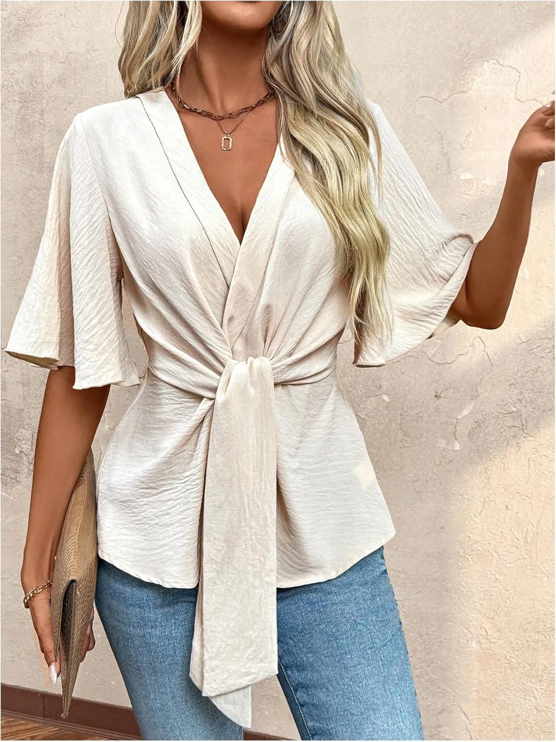 OYOANGLE Women's Textured Wrap V Neck Ruffle Short Sleeve Ruched Blouse Tie Front Tunic Tops