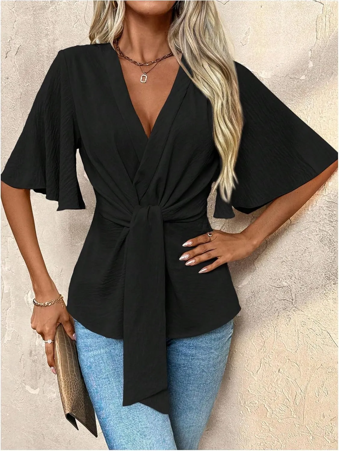 OYOANGLE Women's Textured Wrap V Neck Ruffle Short Sleeve Ruched Blouse Tie Front Tunic Tops