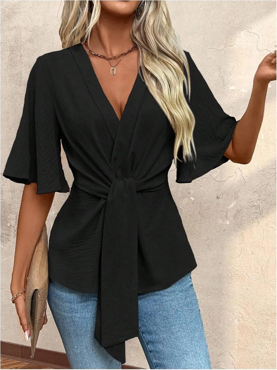 OYOANGLE Women's Textured Wrap V Neck Ruffle Short Sleeve Ruched Blouse Tie Front Tunic Tops