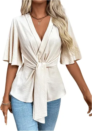 OYOANGLE Women's Textured Wrap V Neck Ruffle Short Sleeve Ruched Blouse Tie Front Tunic Tops