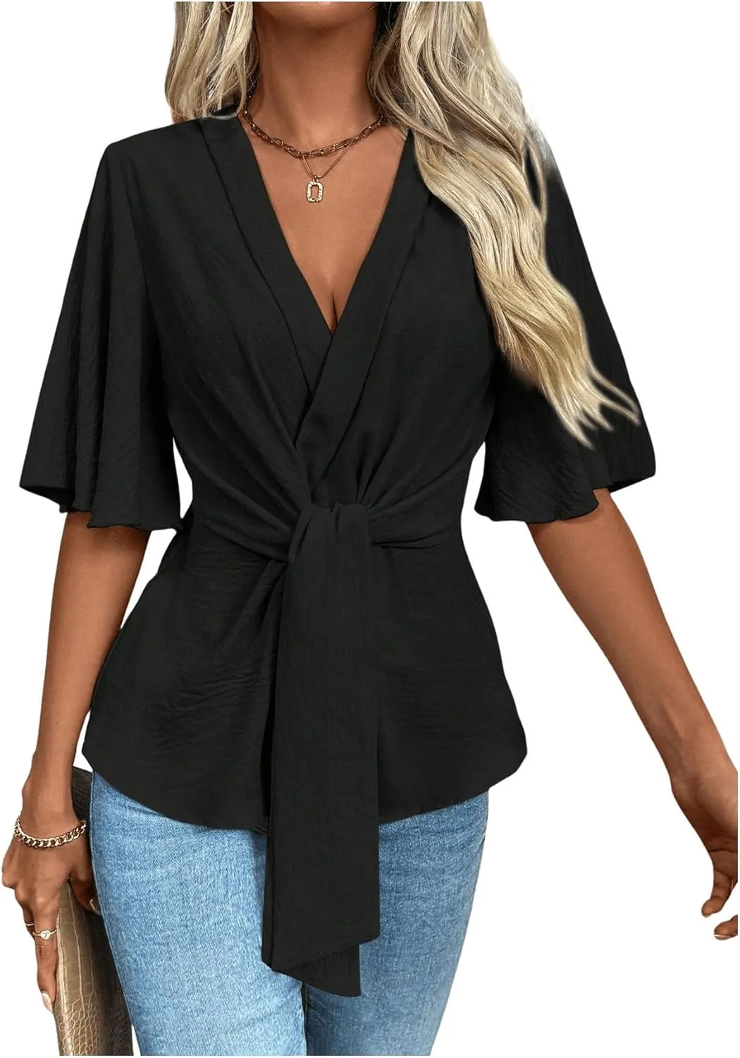 OYOANGLE Women's Textured Wrap V Neck Ruffle Short Sleeve Ruched Blouse Tie Front Tunic Tops