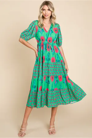 Print Midi Dress W/V-Neck, Drawstring Waistline, Side Pockets