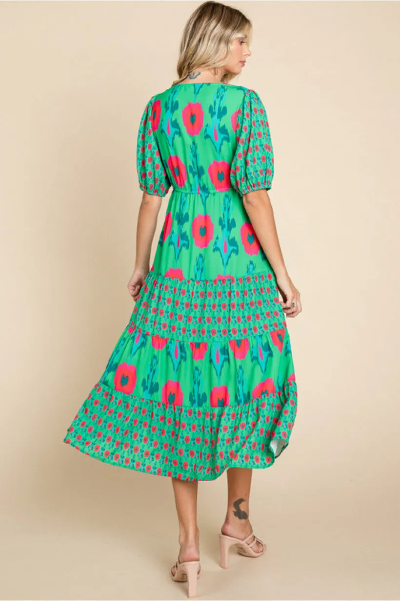 Print Midi Dress W/V-Neck, Drawstring Waistline, Side Pockets