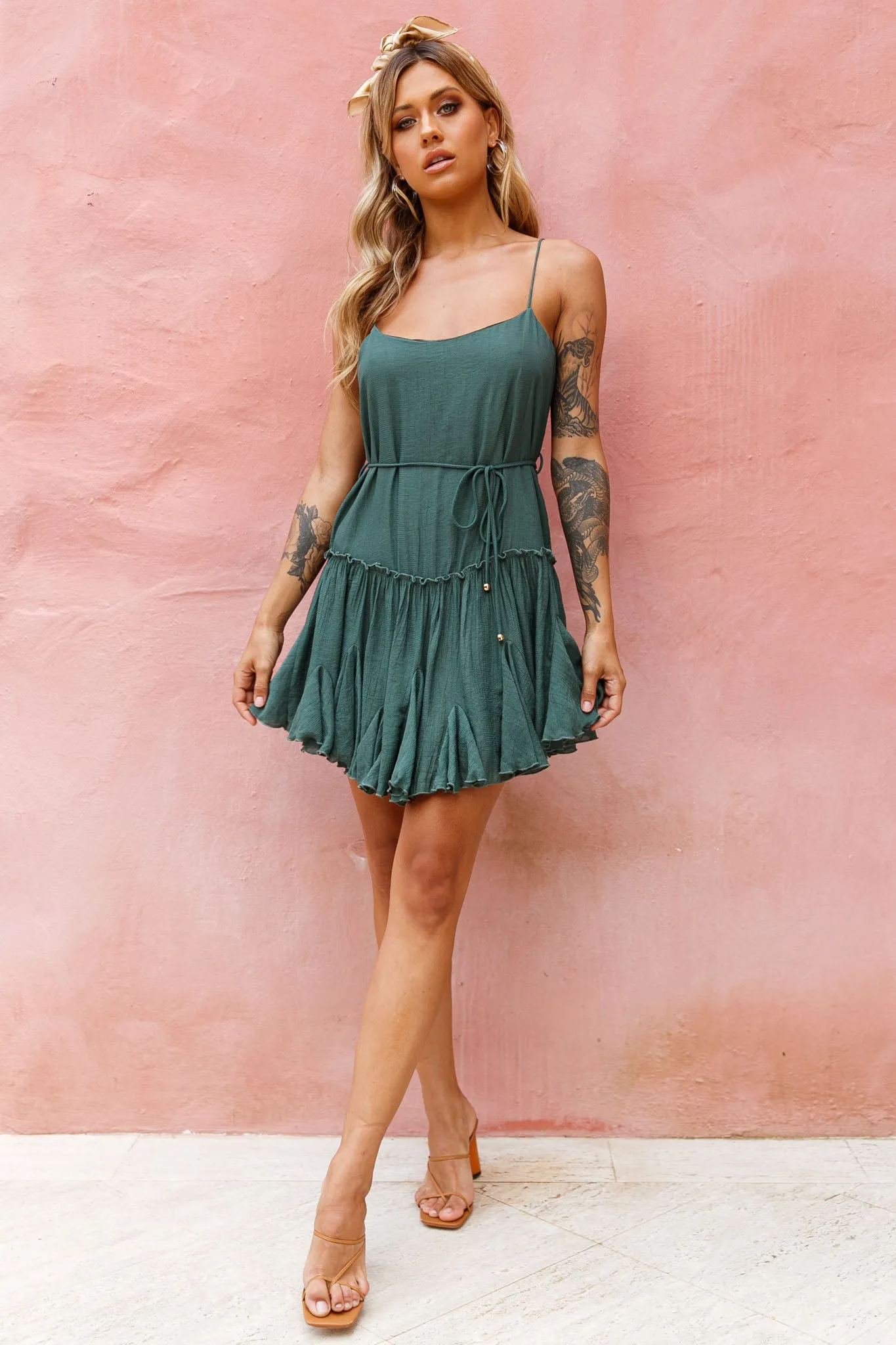 Rosabel Spaghetti Strap Fluted Hem Dress Green