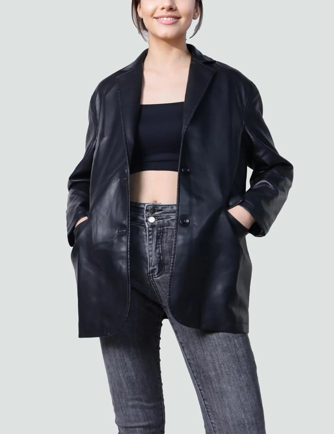 SeekMe Women's PU Leather Jacket Shacket Button Down Lapel Blazer Coat with Bust Pocket