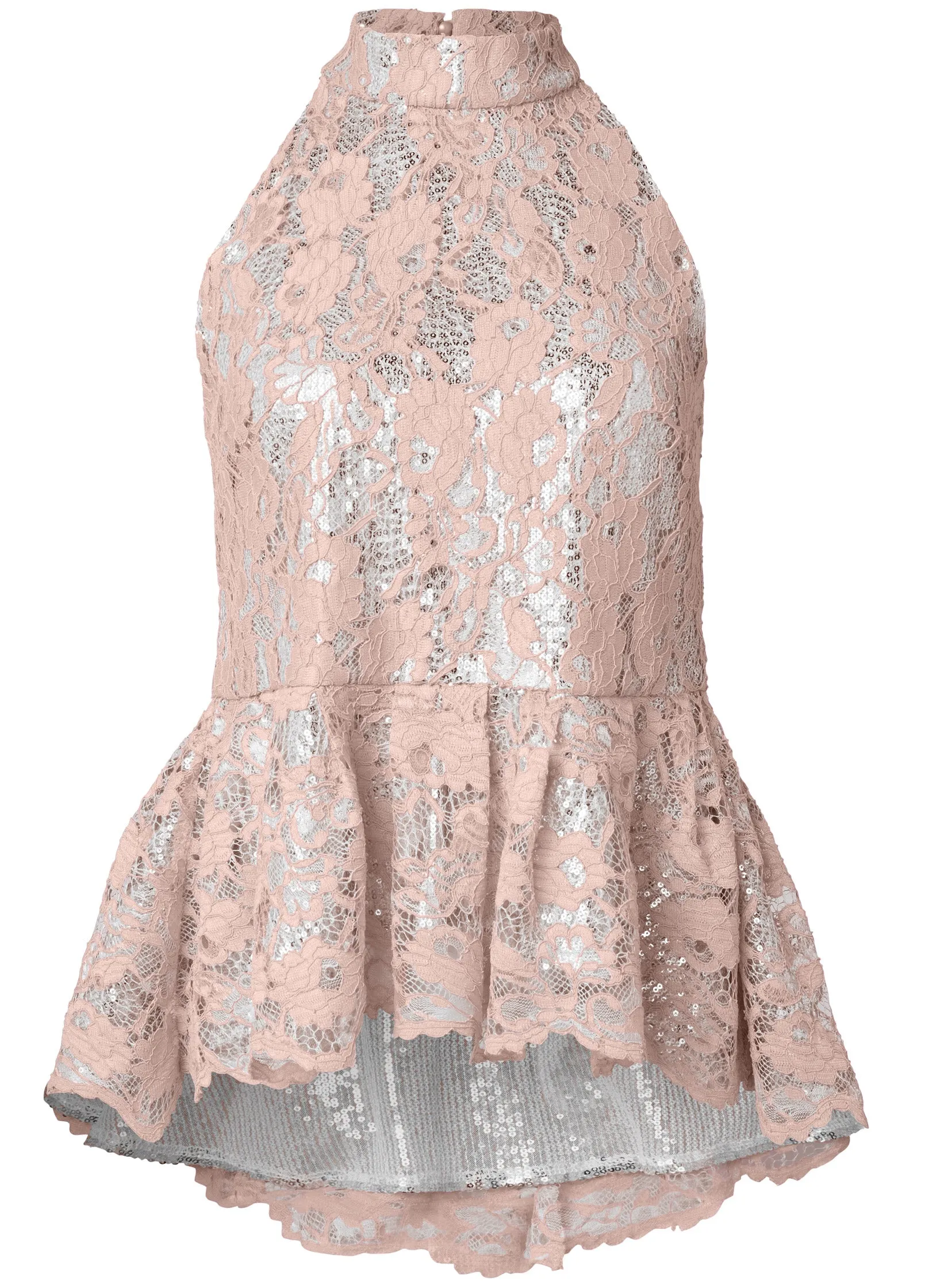 Sequin Lace Mock-Neck Top - Pink & Silver