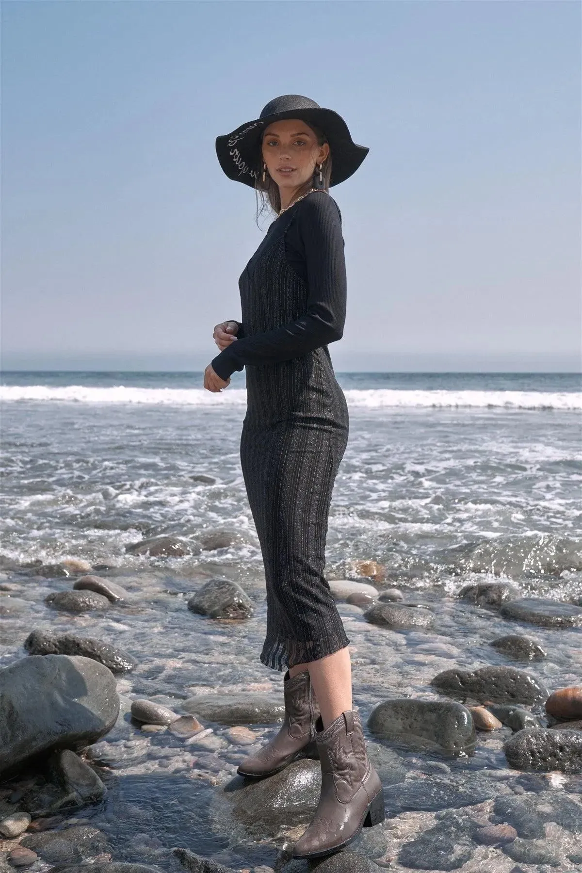 Silver Mist Black Striped V-Neck Long Sleeve Fitted Mesh Two-Piece Maxi Dress /1-2-2-1