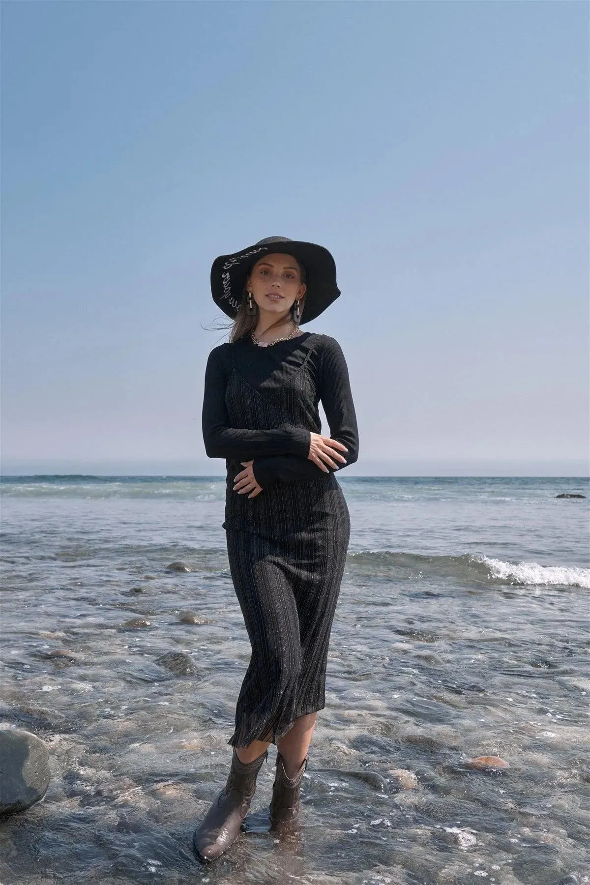 Silver Mist Black Striped V-Neck Long Sleeve Fitted Mesh Two-Piece Maxi Dress /1-2-2-1