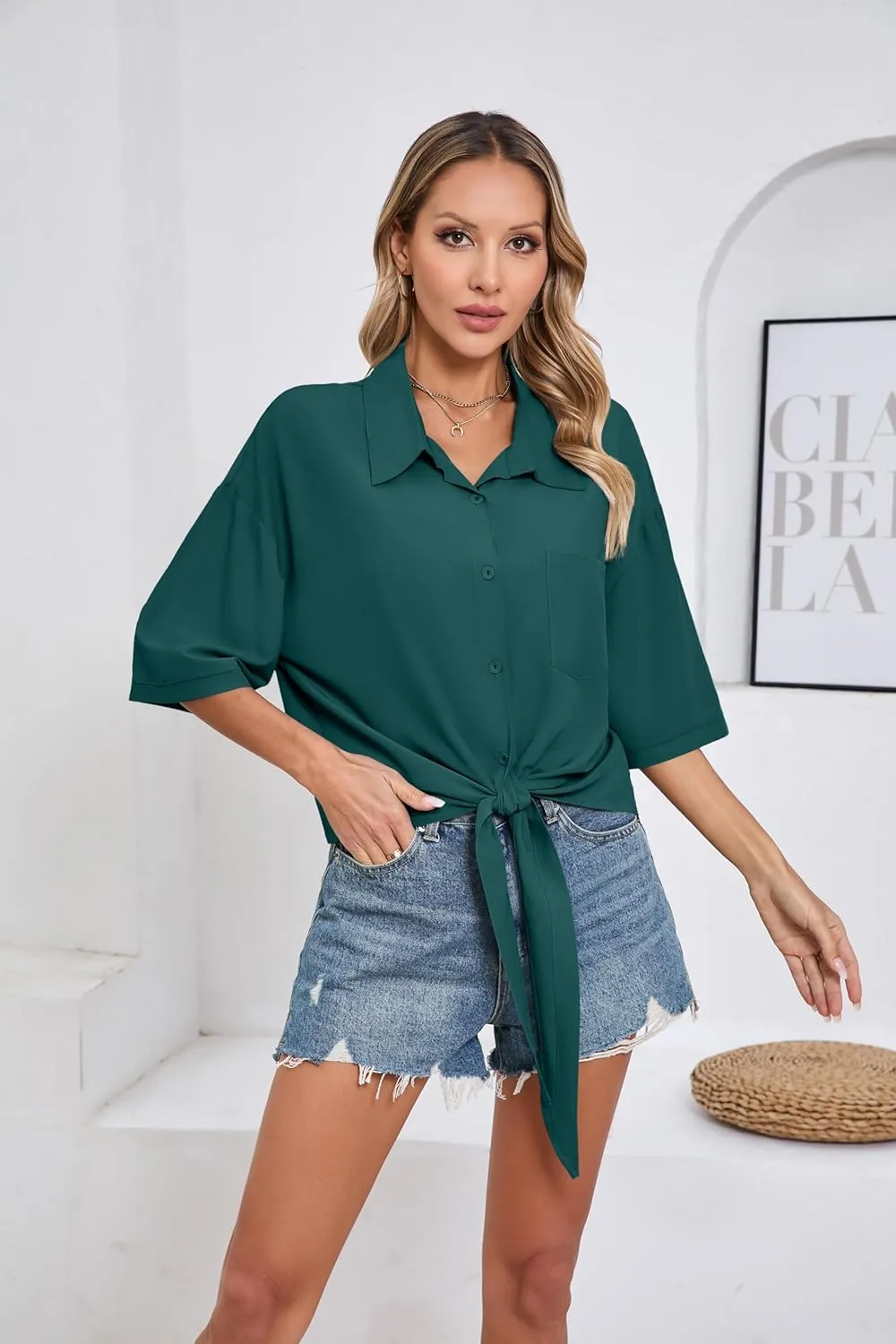 SUEANI Womens Tie Front Button Down Shirt Casual 3/4 Sleeve Collared Work Blouse with Pocket