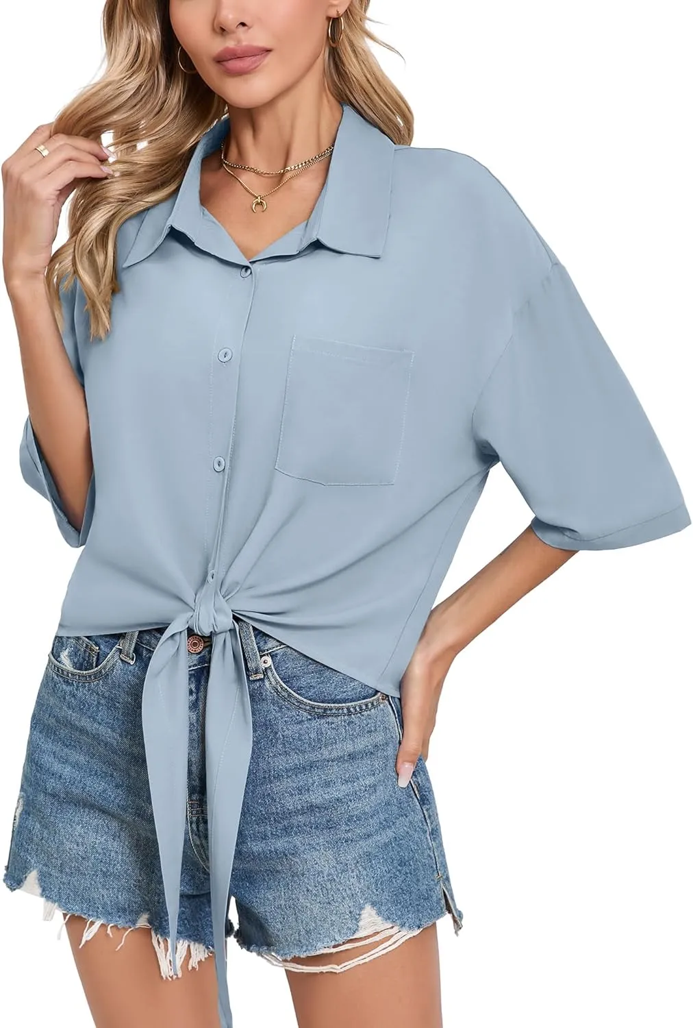 SUEANI Womens Tie Front Button Down Shirt Casual 3/4 Sleeve Collared Work Blouse with Pocket