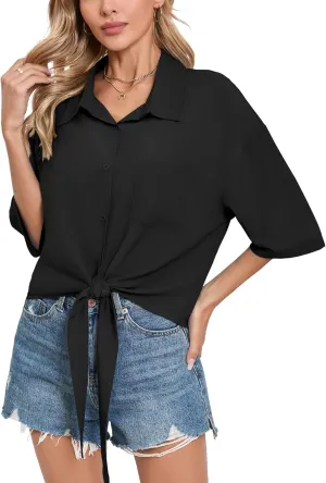 SUEANI Womens Tie Front Button Down Shirt Casual 3/4 Sleeve Collared Work Blouse with Pocket