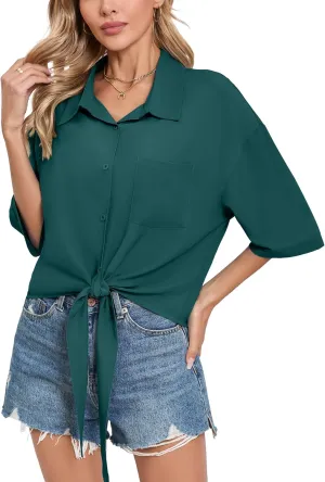 SUEANI Womens Tie Front Button Down Shirt Casual 3/4 Sleeve Collared Work Blouse with Pocket