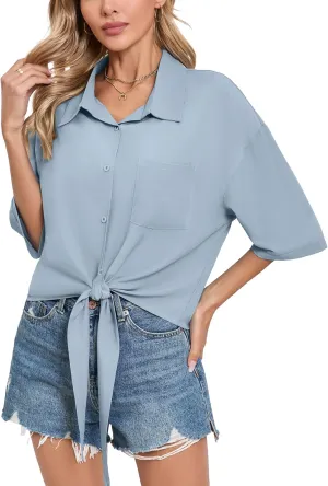 SUEANI Womens Tie Front Button Down Shirt Casual 3/4 Sleeve Collared Work Blouse with Pocket