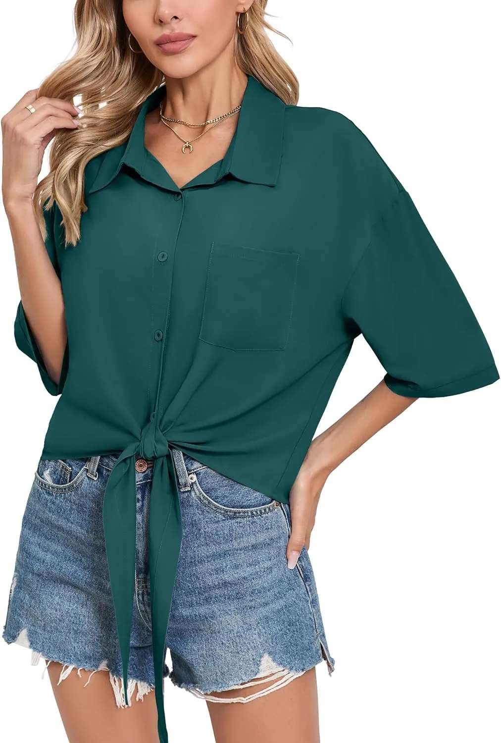 SUEANI Womens Tie Front Button Down Shirt Casual 3/4 Sleeve Collared Work Blouse with Pocket
