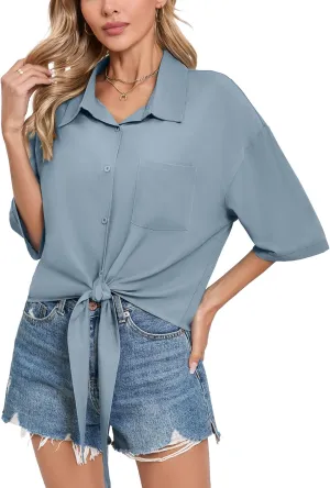 SUEANI Womens Tie Front Button Down Shirt Casual 3/4 Sleeve Collared Work Blouse with Pocket