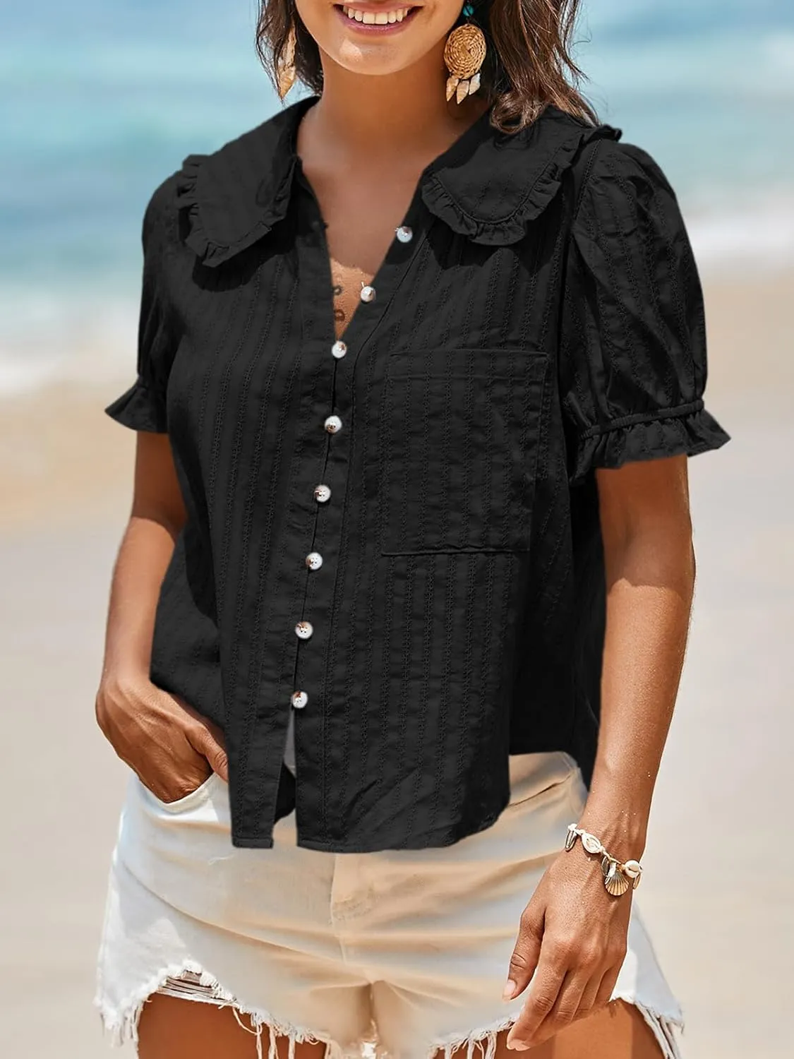 Tankaneo Womens Puff Sleeve Shirts Peter Pan Collar Button Down Cotton Blouse Casual Summer Textured Tops