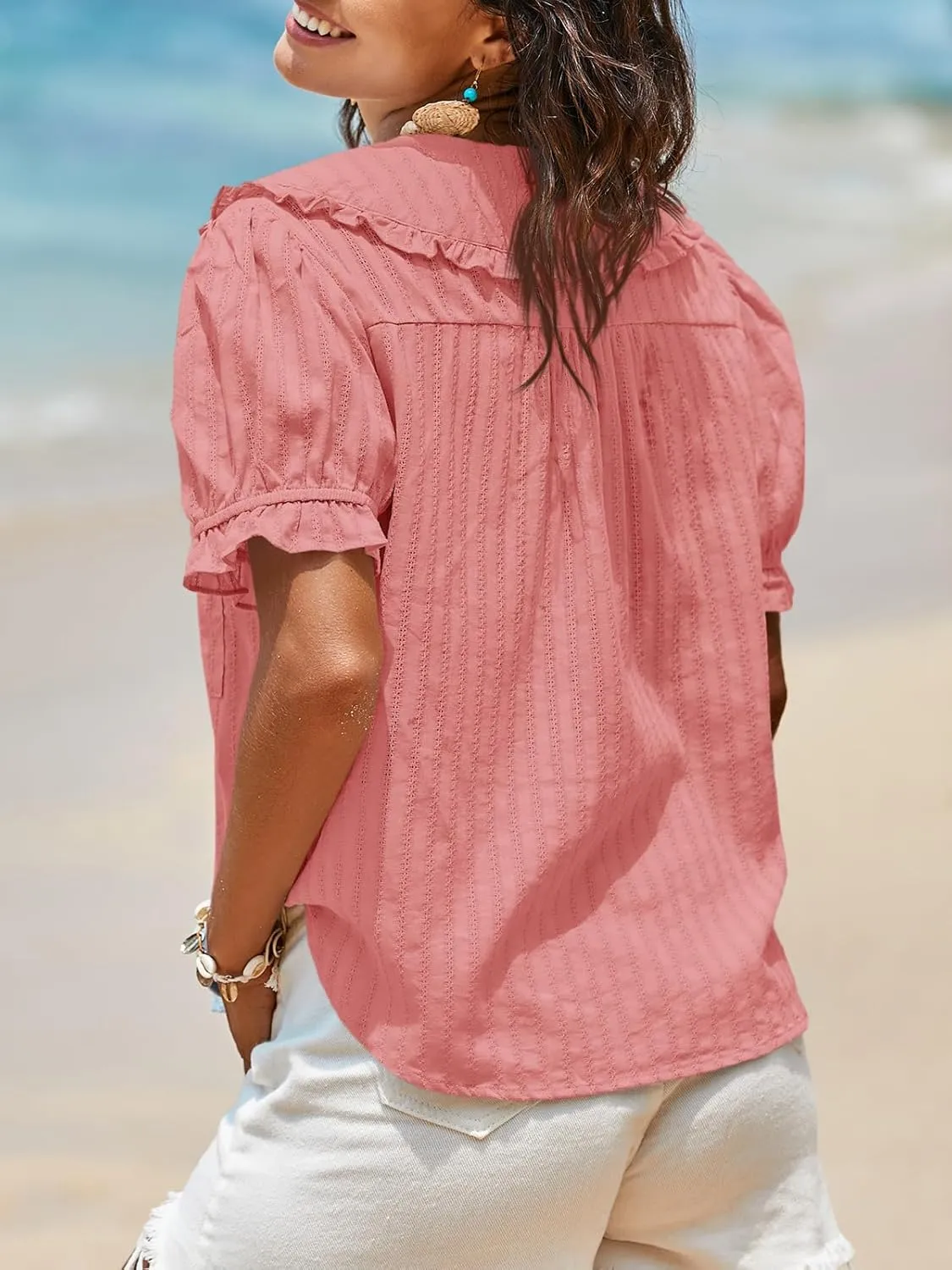 Tankaneo Womens Puff Sleeve Shirts Peter Pan Collar Button Down Cotton Blouse Casual Summer Textured Tops