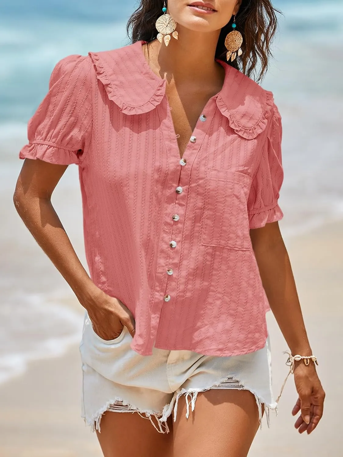 Tankaneo Womens Puff Sleeve Shirts Peter Pan Collar Button Down Cotton Blouse Casual Summer Textured Tops