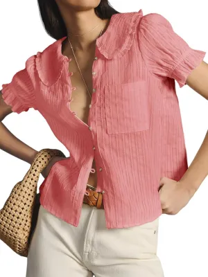 Tankaneo Womens Puff Sleeve Shirts Peter Pan Collar Button Down Cotton Blouse Casual Summer Textured Tops