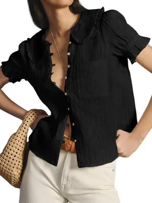 Tankaneo Womens Puff Sleeve Shirts Peter Pan Collar Button Down Cotton Blouse Casual Summer Textured Tops