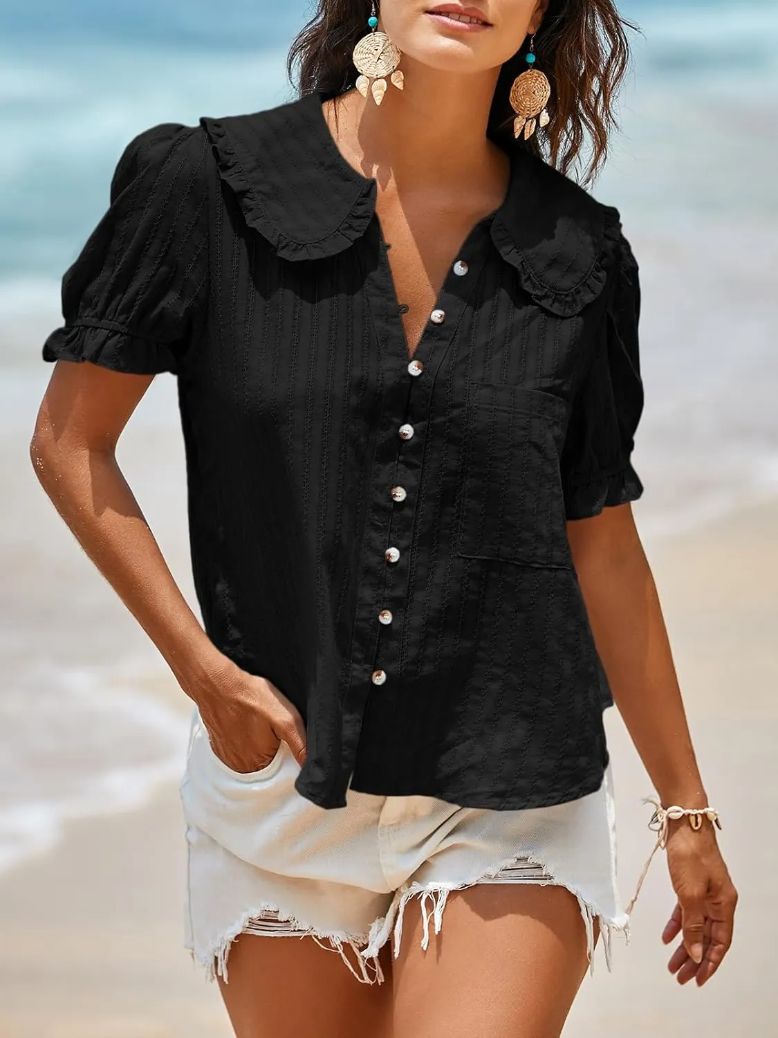 Tankaneo Womens Puff Sleeve Shirts Peter Pan Collar Button Down Cotton Blouse Casual Summer Textured Tops