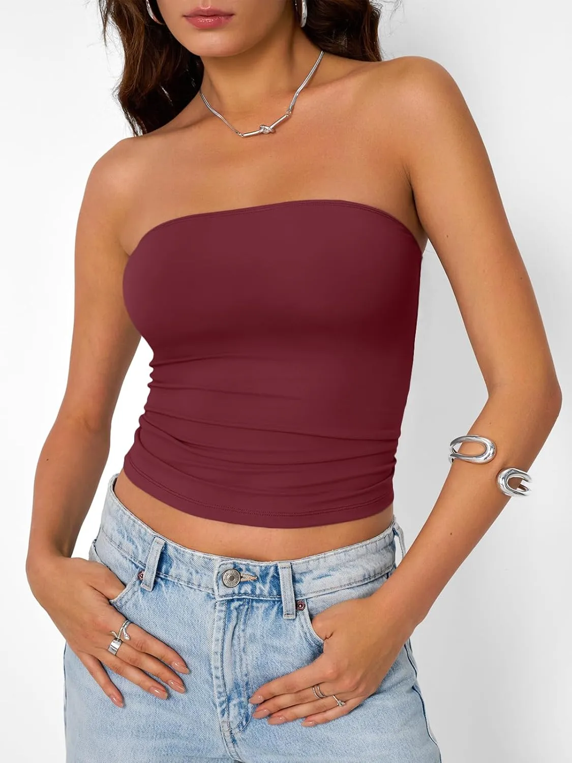 Trendy Queen Womens Strapless Tube Tops Basic Backless Sleeveless Bandeau Going Out Crop Tops Cute 2025 Summer Clothes