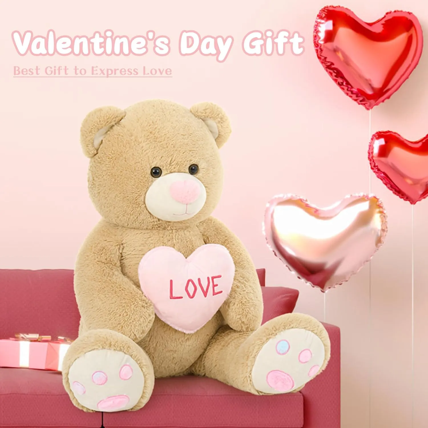 Valentine's Teddy Bear Plush Toy, Light Brown, 43 Inches